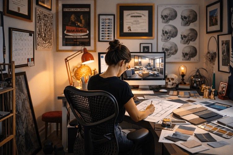 Interior designer working in a stylish home studio, sketching floor plans with fabric swatches and 3D interior render displayed on computer screen.&nbsp;&nbsp;
