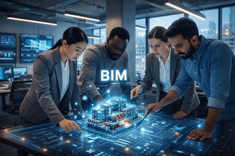 Architecture and engineering professionals collaborating on a digital BIM building model.