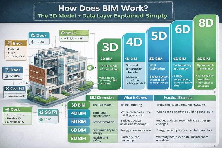 Futuristic BIM infographic showing 3D building model with layered data and 3D–8D BIM dimensions explained.