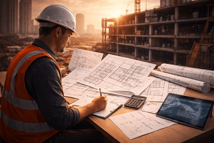 Civil engineer reviewing 2D construction drawings and plans at an active site desk