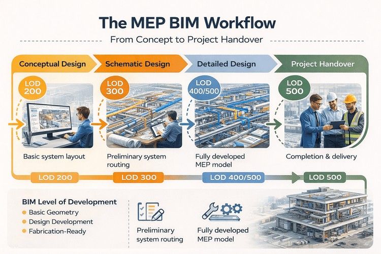 MEP BIM workflow infographic showing design stages from LOD 200 to LOD 500 and project handover.&nbsp;