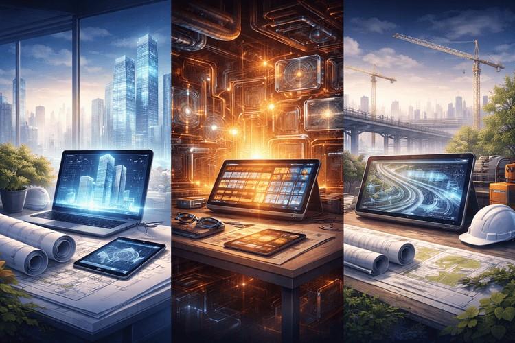 BIM workspaces showing architectural, MEP, and civil models on digital screens
