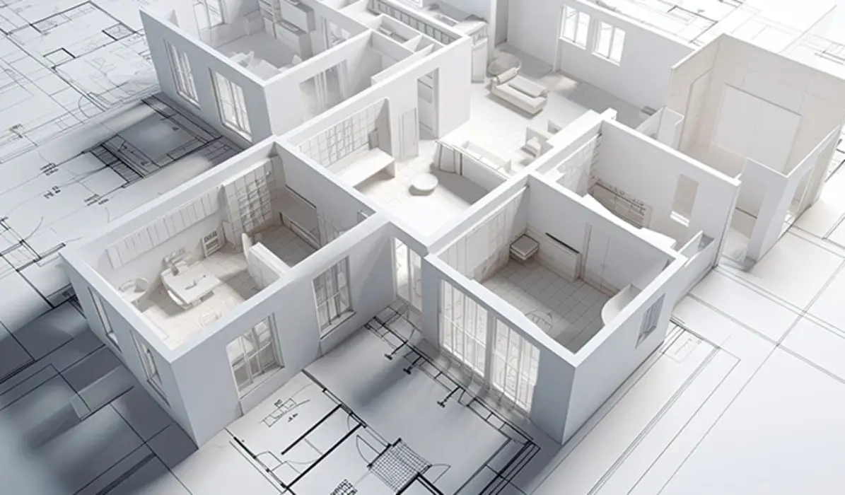 3D architectural building model emerging from 2D floor plan drawings representing the transition from traditional drafting to BIM and Revit 3D modeling