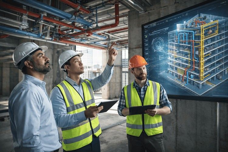 &nbsp;Engineers reviewing MEP systems on-site while analysing a 3D BIM building model displayed on a digital screen.&nbsp;