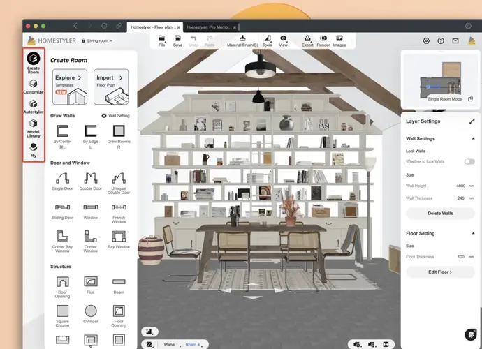 Homestyler drag-and-drop interior design interface with realistic render preview