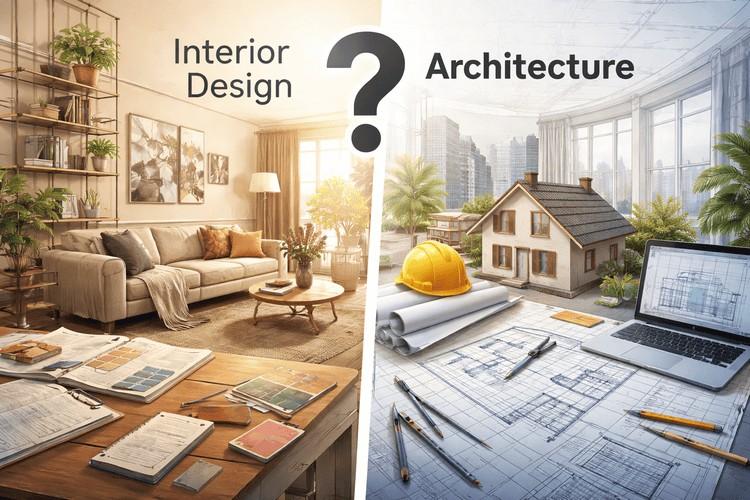 Interior design vs architecture concept with living room and blueprint