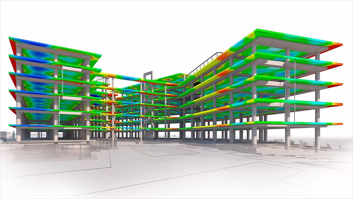 &nbsp;Structural BIM model with colour-coded load analysis used by engineers for digital building design and structural performance evaluation.&nbsp;&nbsp;