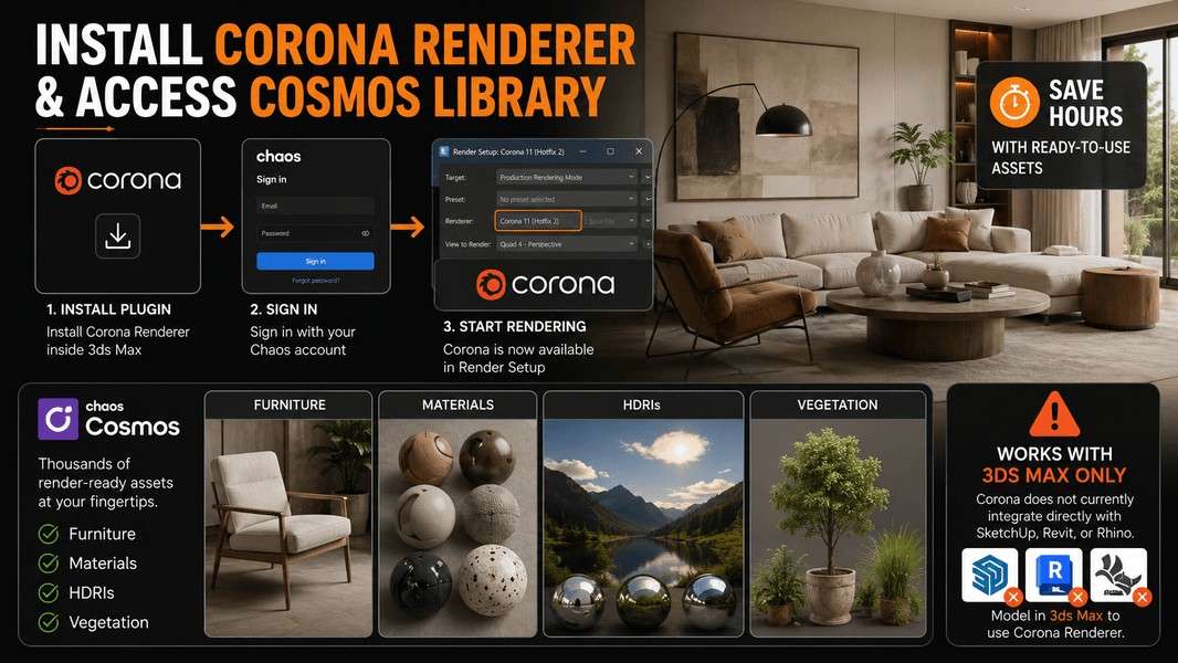 Corona Renderer installation in 3ds Max with Chaos Cosmos assets, including furniture, materials, HDRIs, and vegetation.