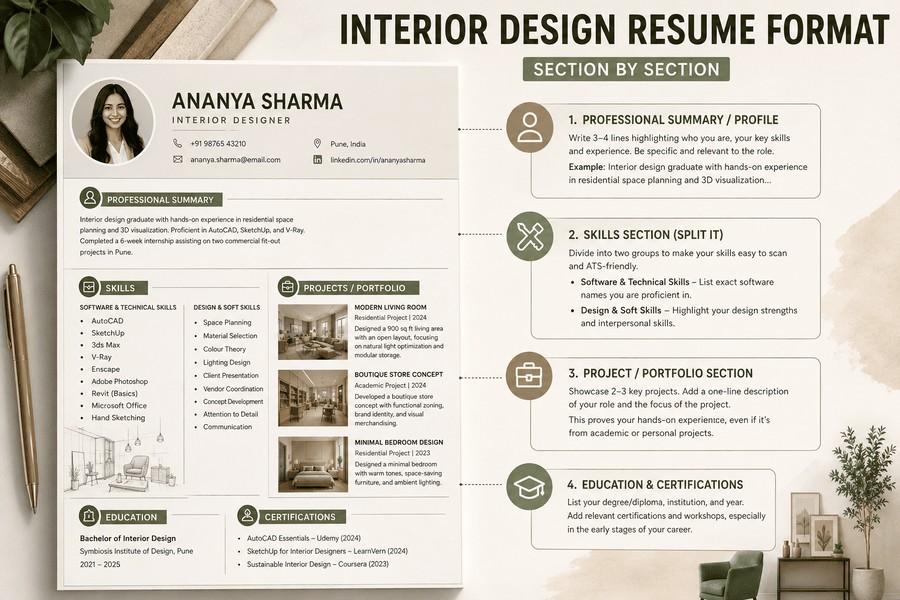 Interior design fresher resume infographic highlighting education, academic projects, internships, skills, and certifications.