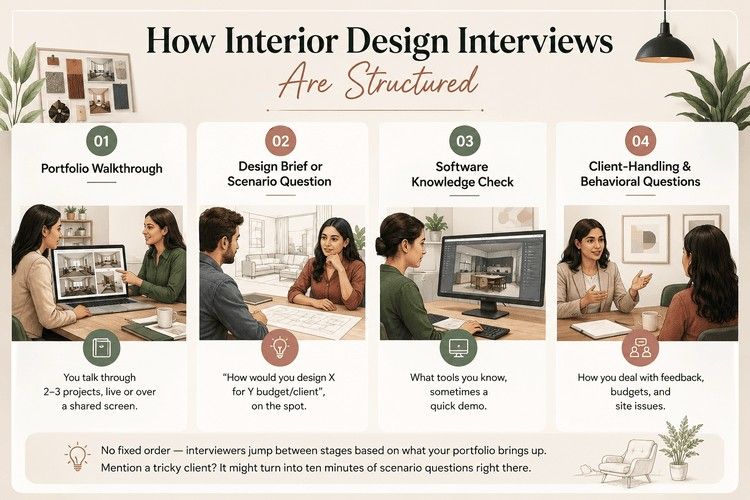 Infographic showing the four-stage interior design interview process: portfolio review, design brief, software skills assessment, and client handling round