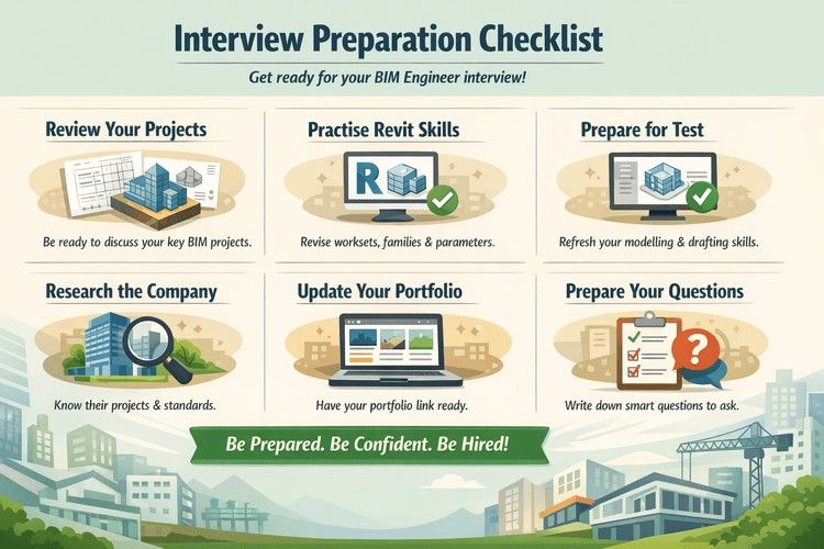 BIM interview preparation checklist infographic showing project review, Revit practice, test prep, company research, portfolio readiness, and interview questions.
