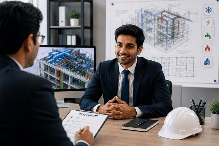 MEP interview questions fresher guide India 2026 featuring a job interview between an aspiring MEP engineer and recruiter