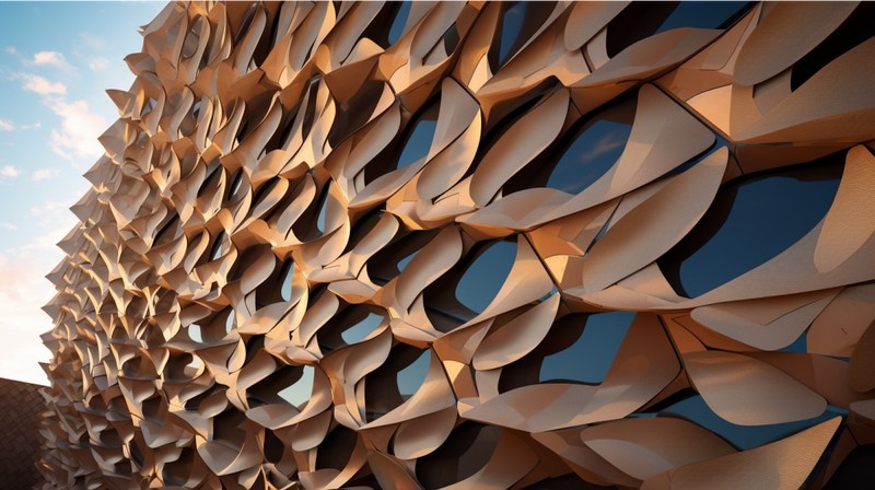 A close-up of a modern building facade featuring numerous geometrically shaped, tan-colored panels arranged in a wavy, overlapping pattern. The design creates a textured effect, with glass windows peeking through the gaps. Examples like this climate-responsive facade can be designed using Grasshopper.