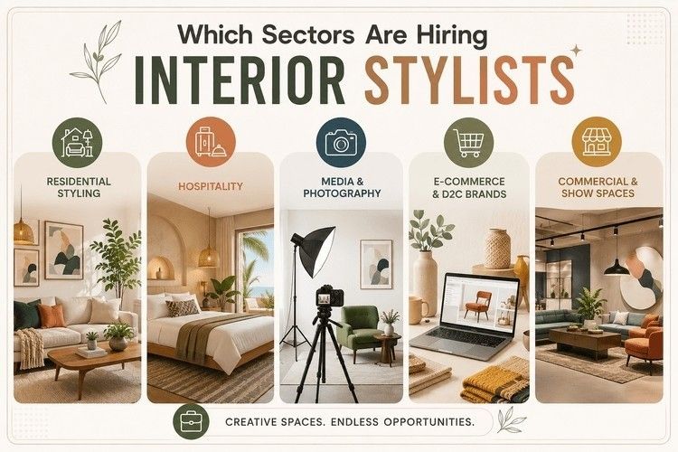 Modern infographic showcasing interior stylist career sectors including residential, hospitality, media, e-commerce, and commercial styling opportunities.