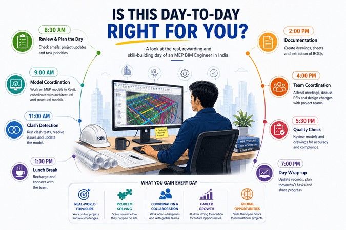 Illustrated infographic showing an MEP BIM engineer's daily workflow, highlighting coordination, documentation, problem-solving, quality checks, and career growth.