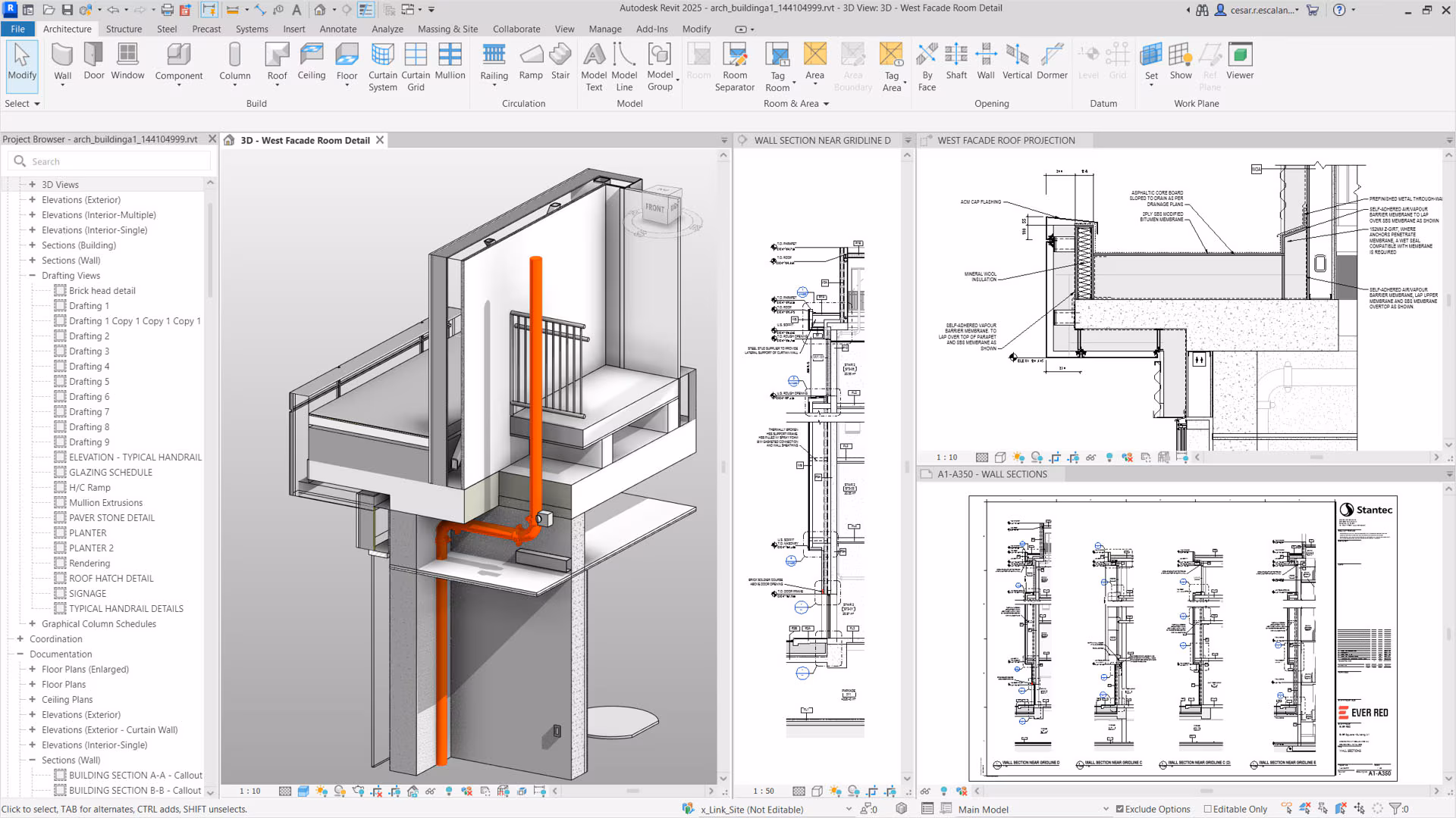 Revit Interface showing MEP details, construction drawings with part balcony section