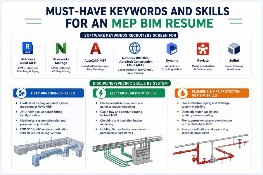 MEP BIM resume keywords infographic highlighting essential software, HVAC, electrical, plumbing skills, and ATS-friendly technical expertise.