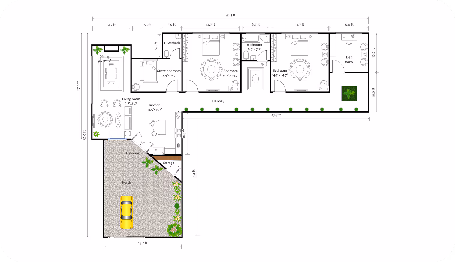 Floor plan diagram showing L-shaped layout of Bachman-Wilson House.