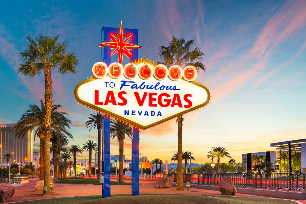 Iconic “Welcome to Fabulous Las Vegas” sign in colorful Googie design.