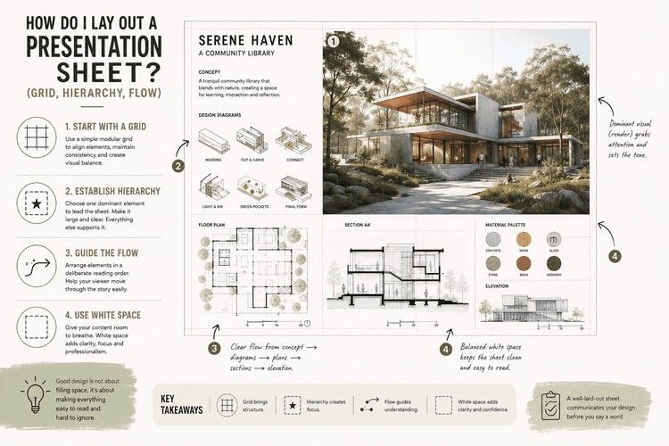 Architecture presentation sheet layout showing grid, hierarchy, visual flow, and white space with architectural drawings and renderings.