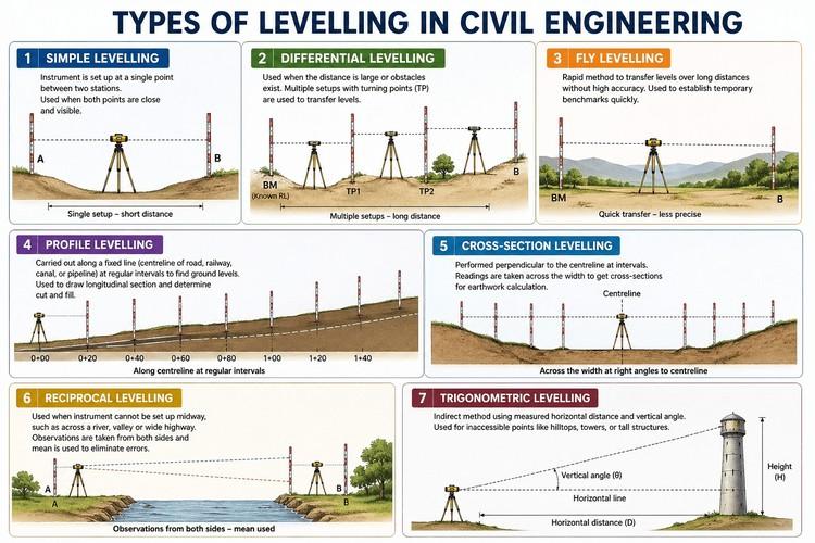 Infographic showing types of levelling in civil engineering with diagrams of simple, differential, fly, profile, cross-section, reciprocal, and trigonometric levelling methods using instruments and staff readings across different terrains.