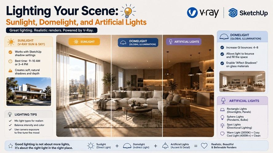 V-Ray lighting guide showing sunlight, domelight, artificial lights, GI settings, and realistic interior rendering techniques.