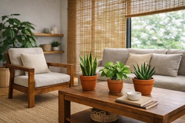 Biophilic interior with teak wood furniture and terracotta planters