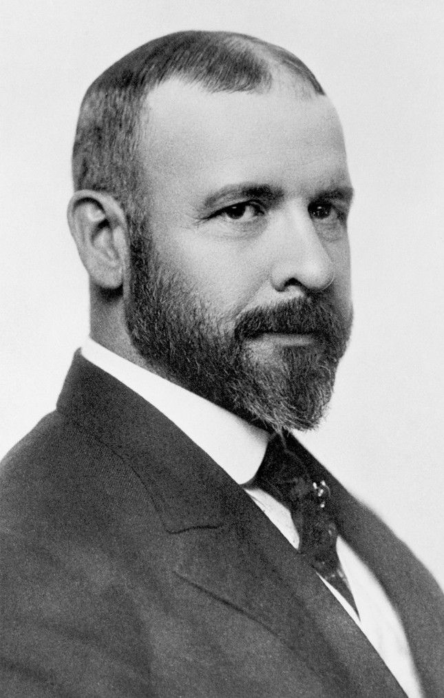 A black and white portrait of architect Louis Sullivan, in a suit and tie, looking slightly to the side. 