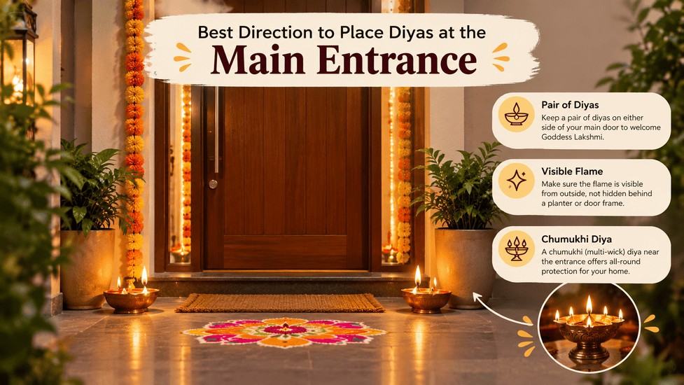 Diwali entrance decorated with paired glowing diyas, rangoli, marigold garlands, and a multi-wick diya&nbsp;&nbsp;