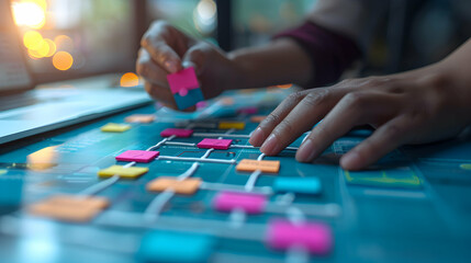 A person arranges colorful sticky notes on a blue table, crafting a user journey map. 