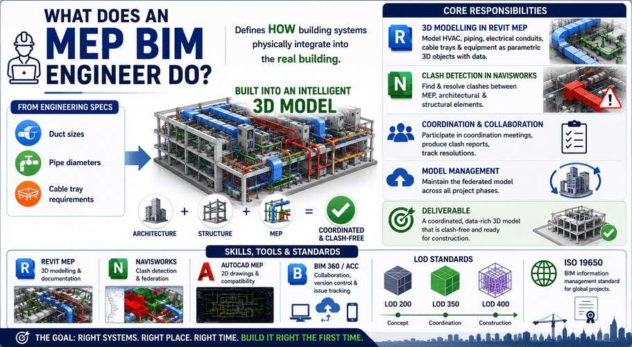 Infographic showing an MEP BIM Engineer using Revit and Navisworks for 3D modelling, clash detection, and multidisciplinary coordination.