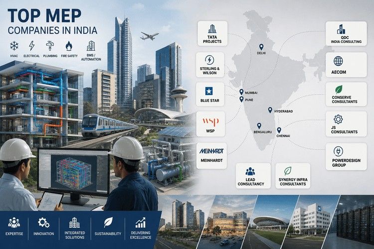 Infographic showcasing top MEP companies in India with BIM-enabled infrastructure, metro systems, airports, commercial buildings, engineering professionals, and nationwide project locations.