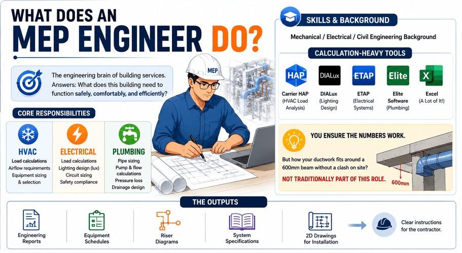 Infographic showing the role of an MEP Engineer, highlighting system design, load calculations, code compliance, and technical documentation.