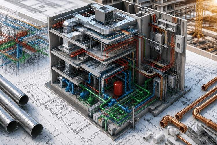 &nbsp;Mep drawings in construction showing mechanical electrical plumbing systems installation&nbsp;&nbsp;