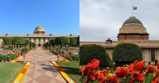 Rashtrapati Bhavan’s central dome and front gardens, New Delhi, India.