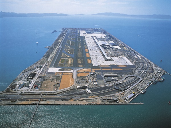 Aerial view of Kansai International Airport built on an artificial island near Osaka, Japan.