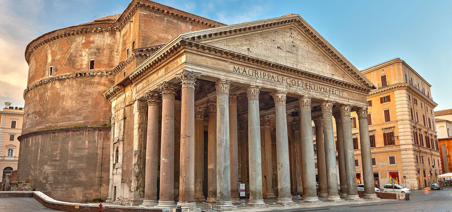 Exterior of the Pantheon in Rome showing classical columns and dome.