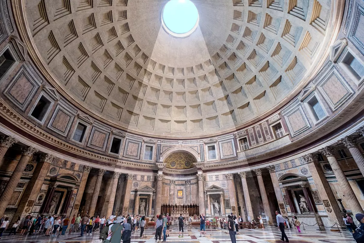 Interior of the Pantheon in Rome, showing the oculus and coffered dome.