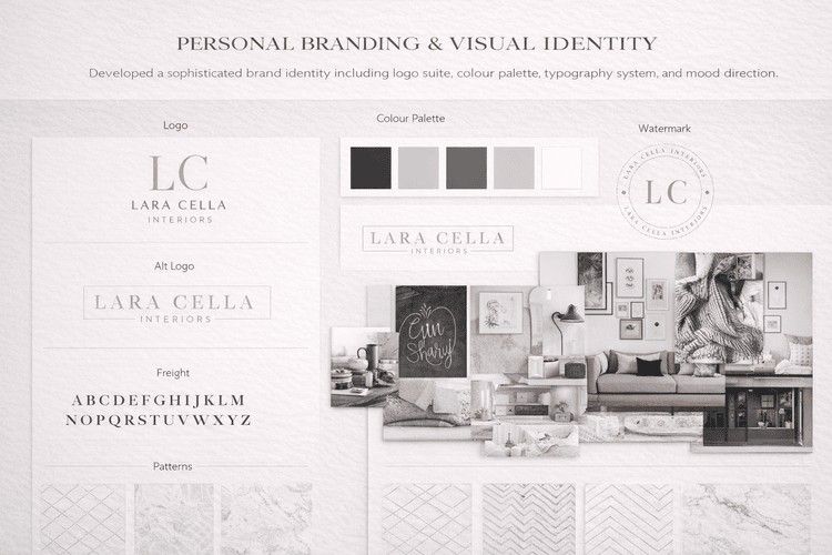 Interior designer personal branding board with logo suite, colour palette, typography, and mood board in a refined neutral aesthetic.&nbsp;&nbsp;