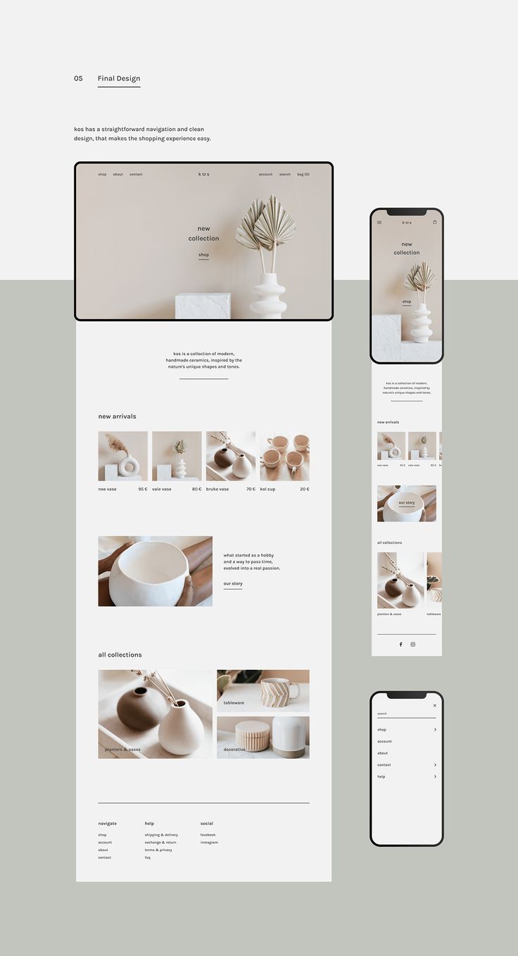 A web design layout is displayed on both desktop and mobile views. The minimalist design, crafted through meticulous wireframing, showcases an online store selling home decor items like vases, pots, and ceramic figures. 