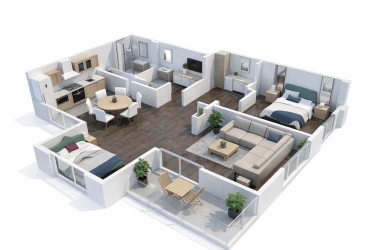 Modern two-bedroom apartment 3D floor plan rendered in isometric view with furnished living room, kitchen, dining space, and balcony.&nbsp;