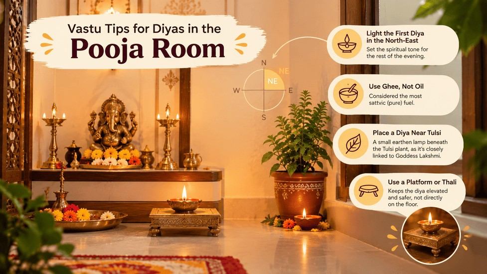

Vastu pooja room with a glowing diya in the northeast, Tulsi plant, ghee lamp, and elevated diya on a thali.

