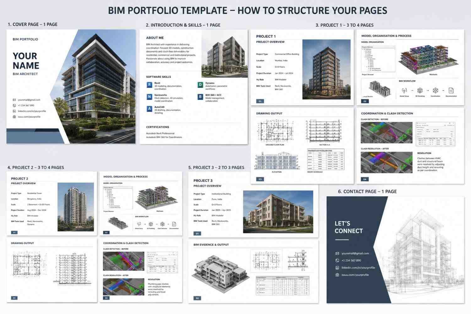 BIM portfolio template layout showing structured project pages, architectural drawings, BIM workflows, clash detection examples, and clean modern portfolio design for architects and BIM professionals.