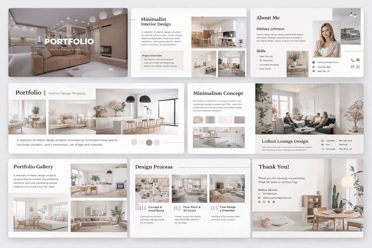 Modern interior design portfolio example with project layouts, mood boards, and final renders.