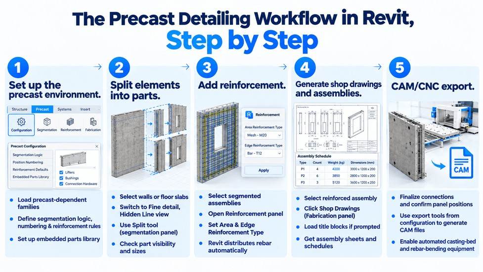 Five-step Revit precast detailing workflow showing setup, splitting, reinforcement, shop drawings, and CAM/CNC export.