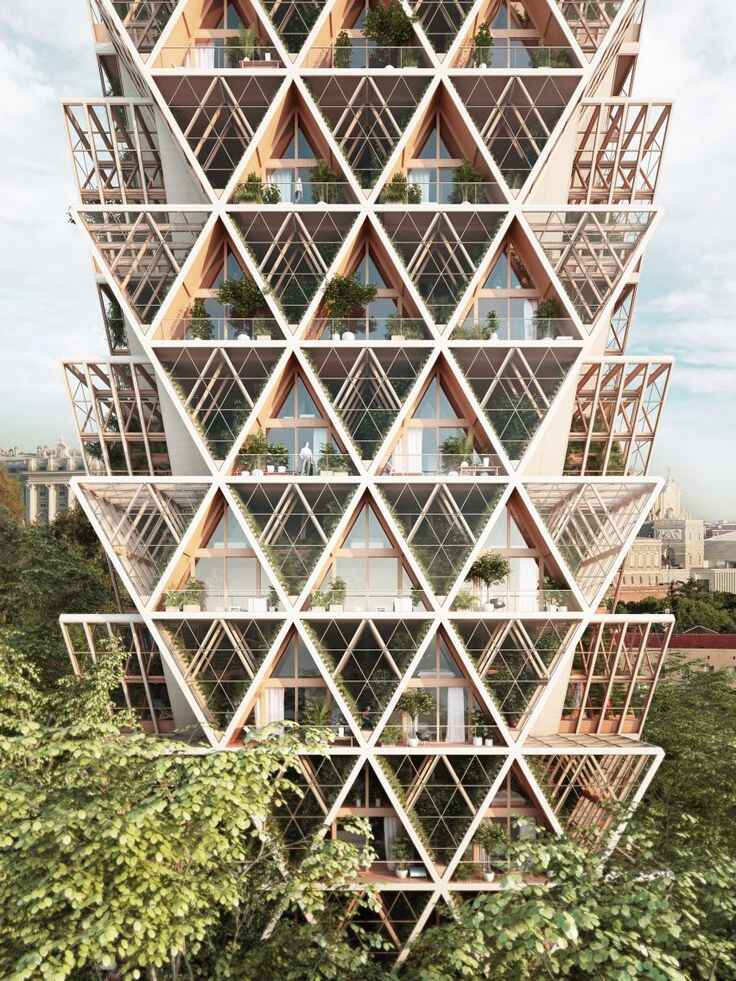 A unique high-rise building featuring computational modeling with triangular, pyramid-like structures made of glass and wood. Each triangle houses balcony spaces with potted plants. 