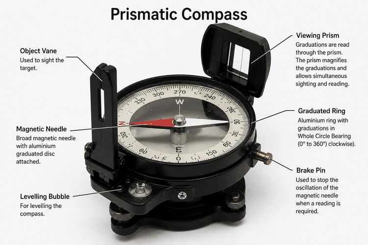 Prismatic compass used in civil engineering surveying showing prism, graduated ring, magnetic needle, and object vane for bearing measurement