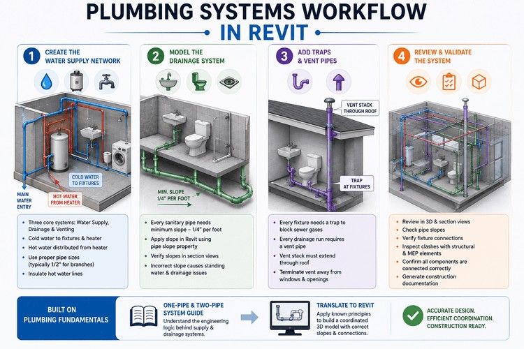 Plumbing systems workflow in Revit showing water supply, drainage, venting, and system validation.