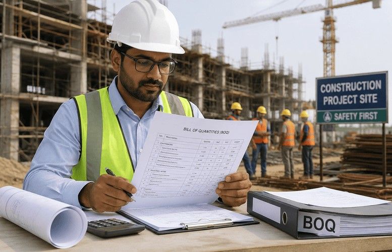 Quantity surveyor reviewing BOQ documents and construction drawings at a civil engineering project site in India.