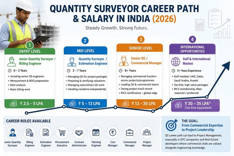 Quantity surveyor salary progression in India from entry-level QS engineer to senior commercial manager and international Gulf career opportunities in 2026.